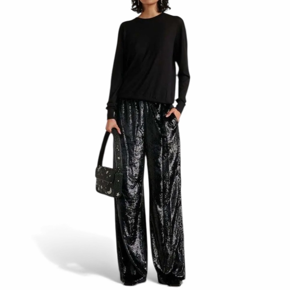 NWT Polo by Ralph Lauren Black Crushed Velvet Wide-Leg Pants  Size L –MSRP $498